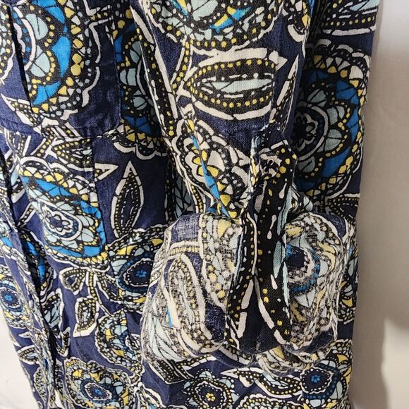 Charter Club Women Top Sz 16 Blue Floral 100% Linen Long Roll Tab Button Pocket - Picture 10 of 12